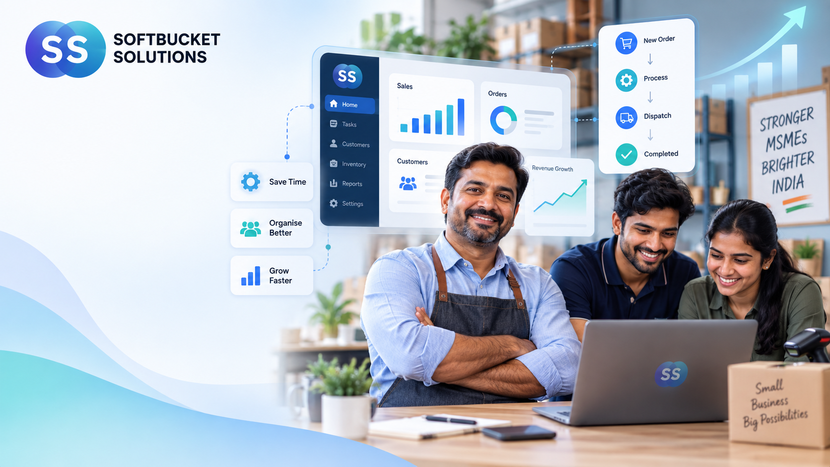 Softbucket Solutions team helping a small business go paperless with digital dashboards